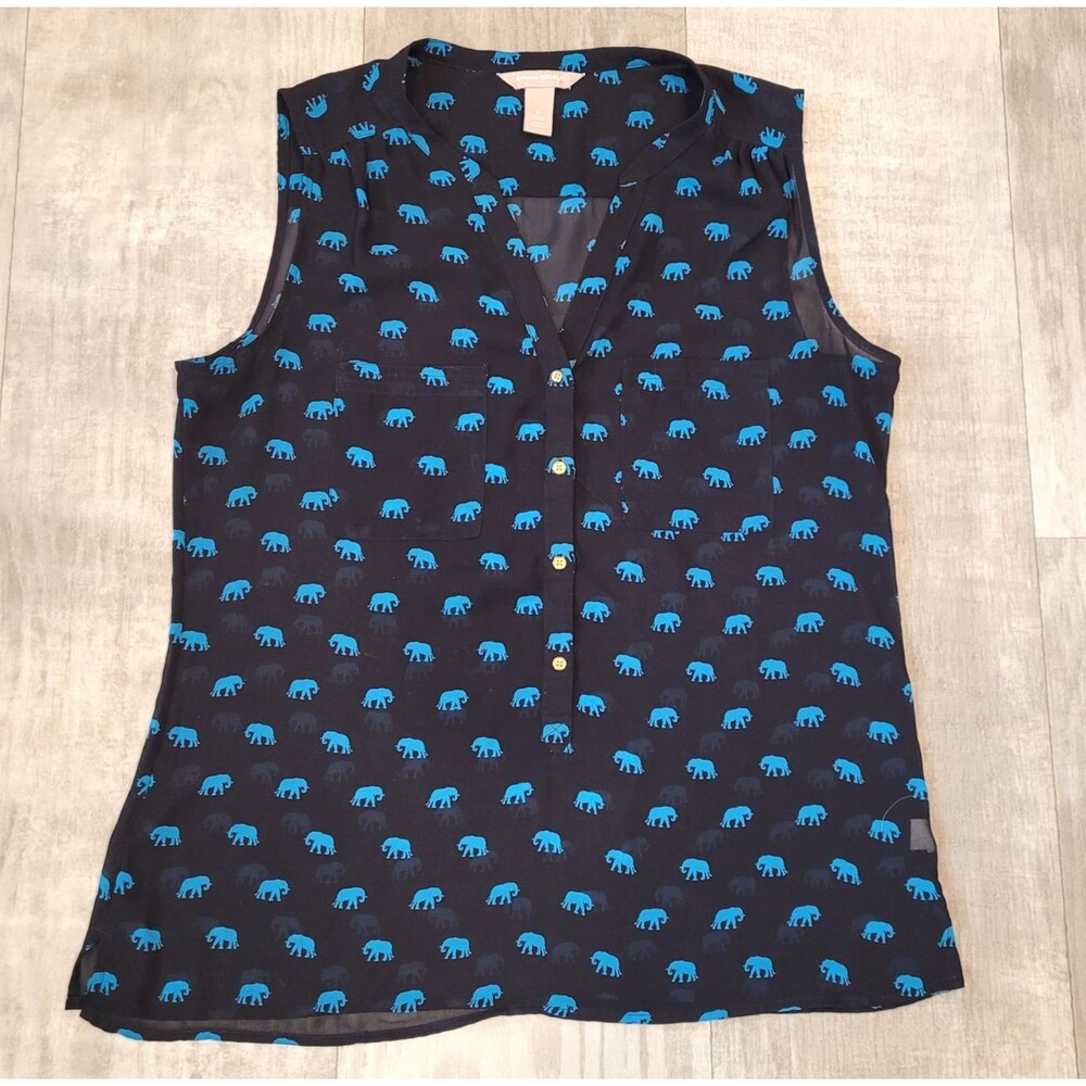 Banana Republic Womens Sz M Sheer Elephant Print Top Sleeveless Blue Lightweight